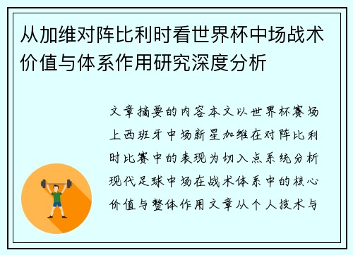 从加维对阵比利时看世界杯中场战术价值与体系作用研究深度分析